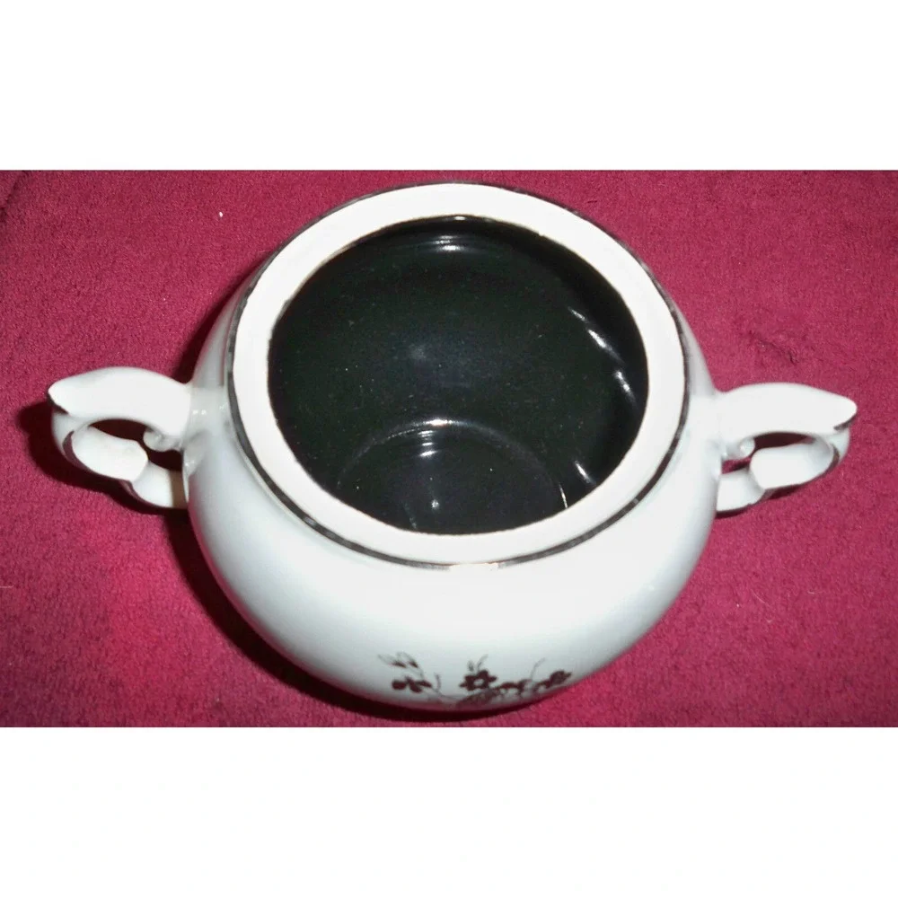 Cream Sugar Set w/Lid White Black inside scalloped handles platinum trim flowers